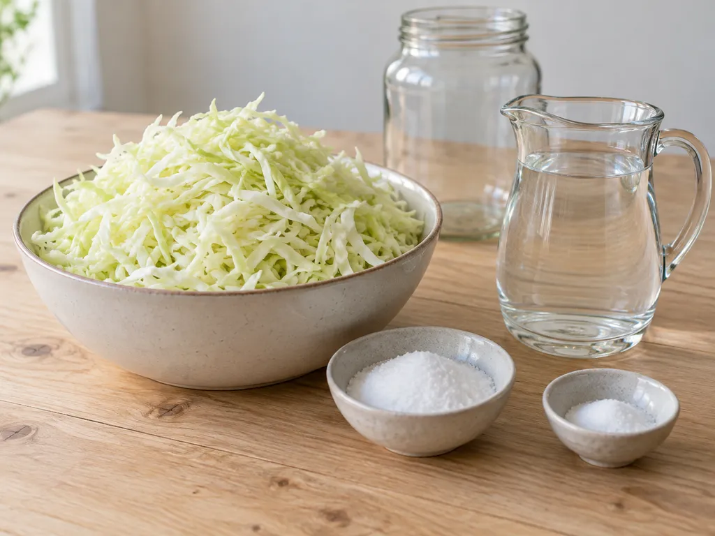Strimlad vitkål, salt och vatten till hemgjord surkål