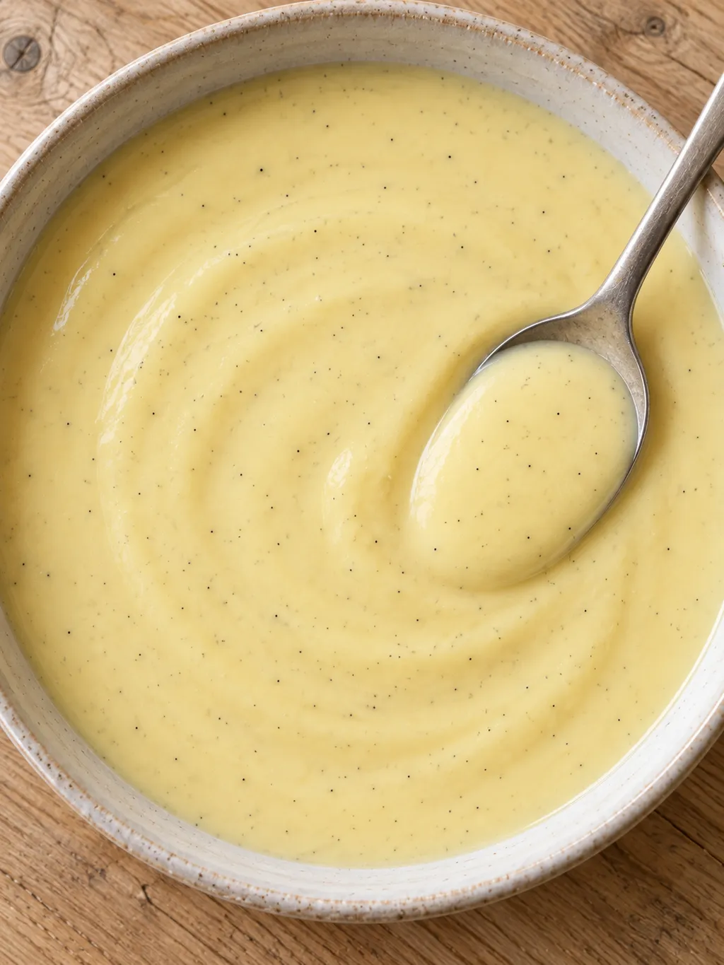 Blekt gul vaniljsås med vaniljfrön och en dessertsked i en keramisk skål