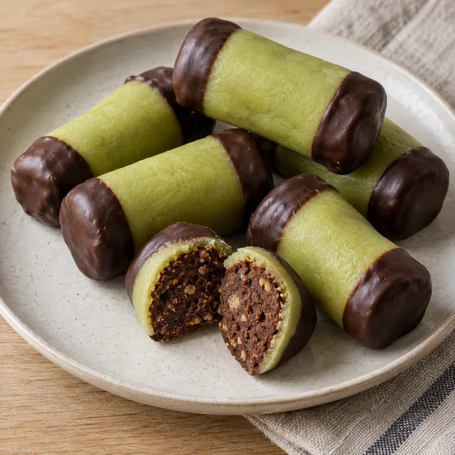 Gröna dammsugare med chokladändar och en delad bit som visar kakaofyllningen