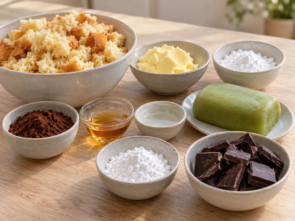 Sockerkaka, smör, kakao, punsch, florsocker, grön marsipan och mörk choklad