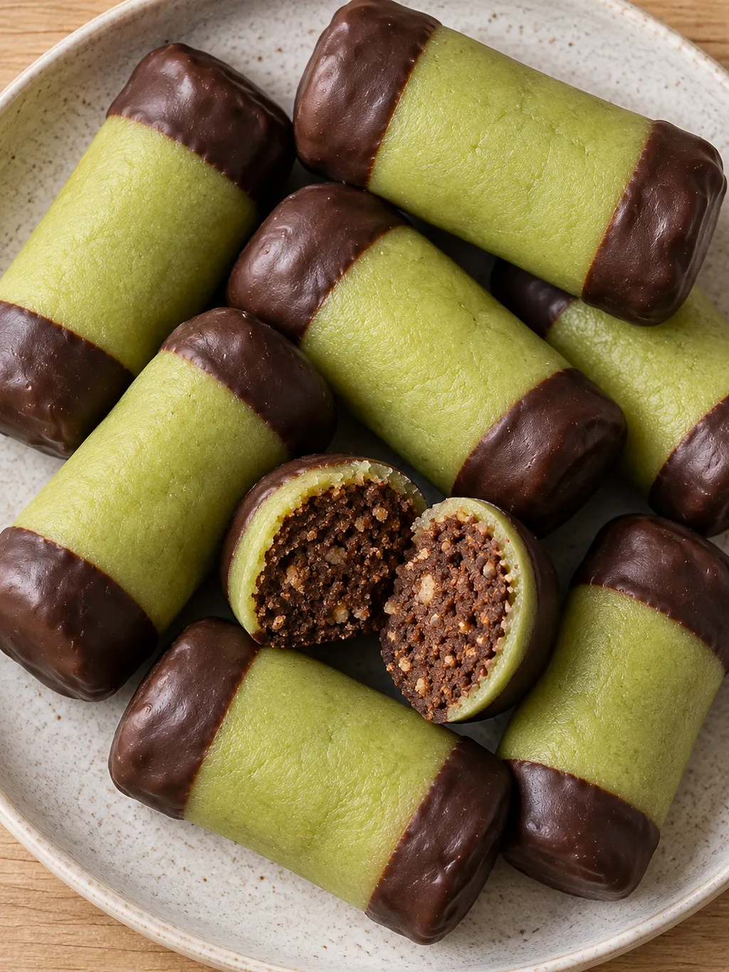 Hemgjorda dammsugare med grön marsipan, mörka chokladändar och mjuk kakaofyllning