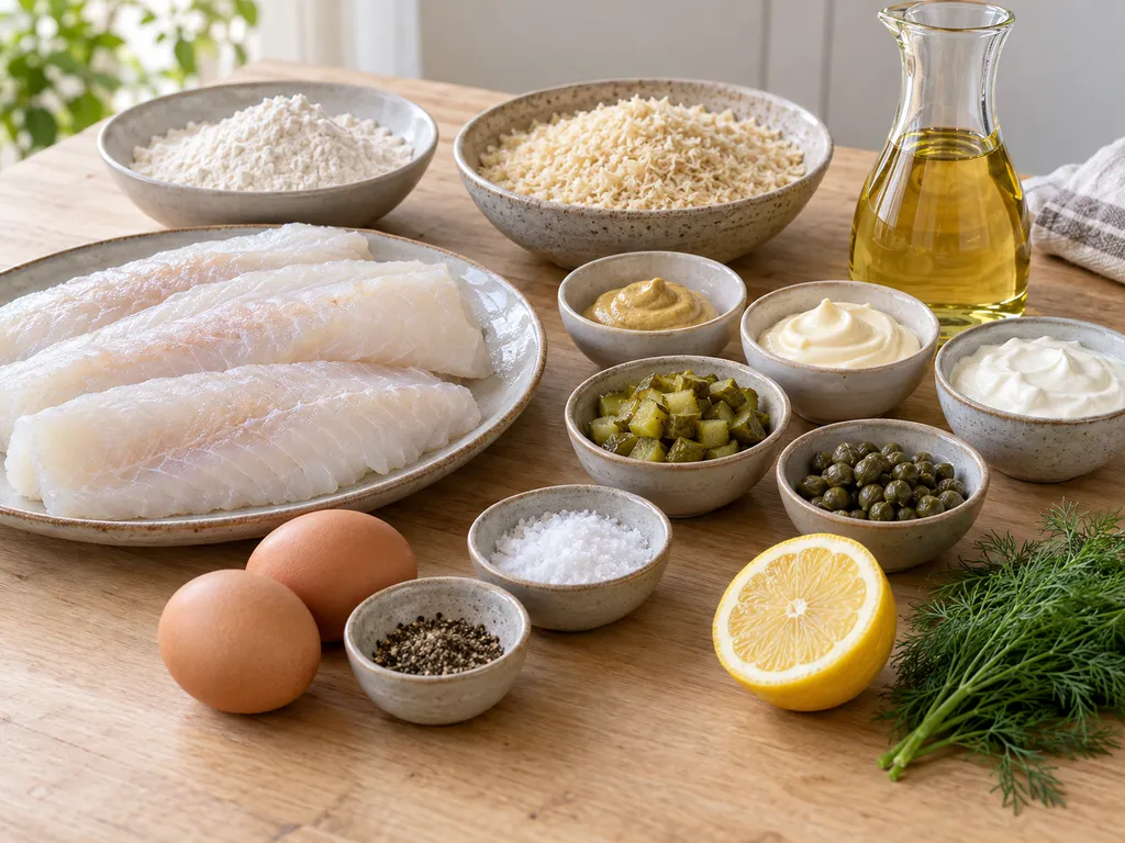 Torsk, ägg, panko och råvaror till remouladsås på en ljus träyta