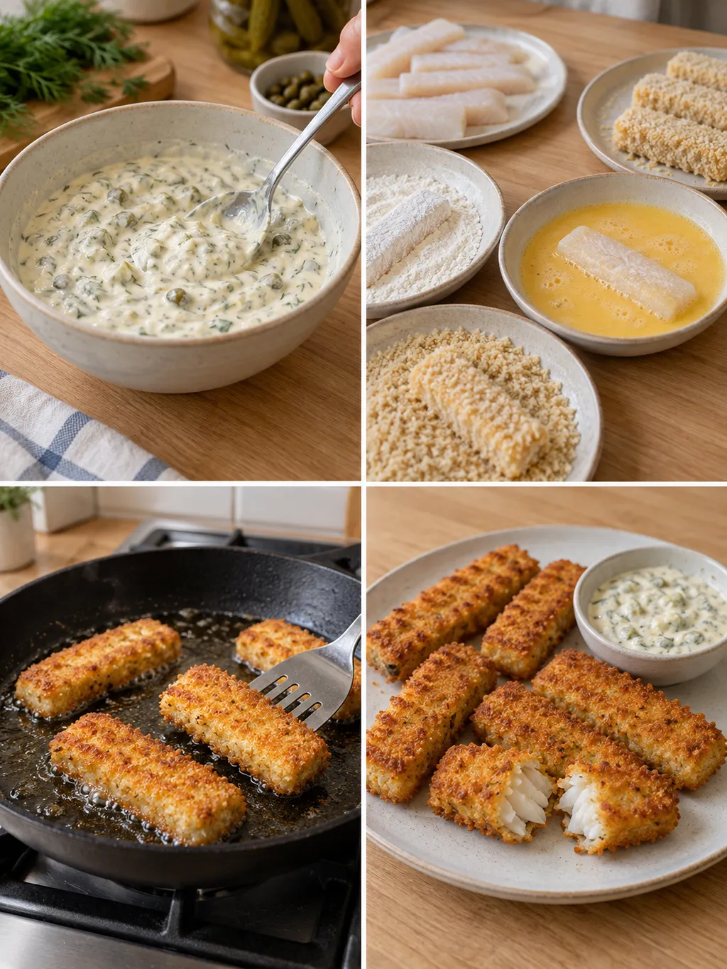 Remouladsås blandas och torsk paneras, steks och serveras som frasiga fiskpinnar