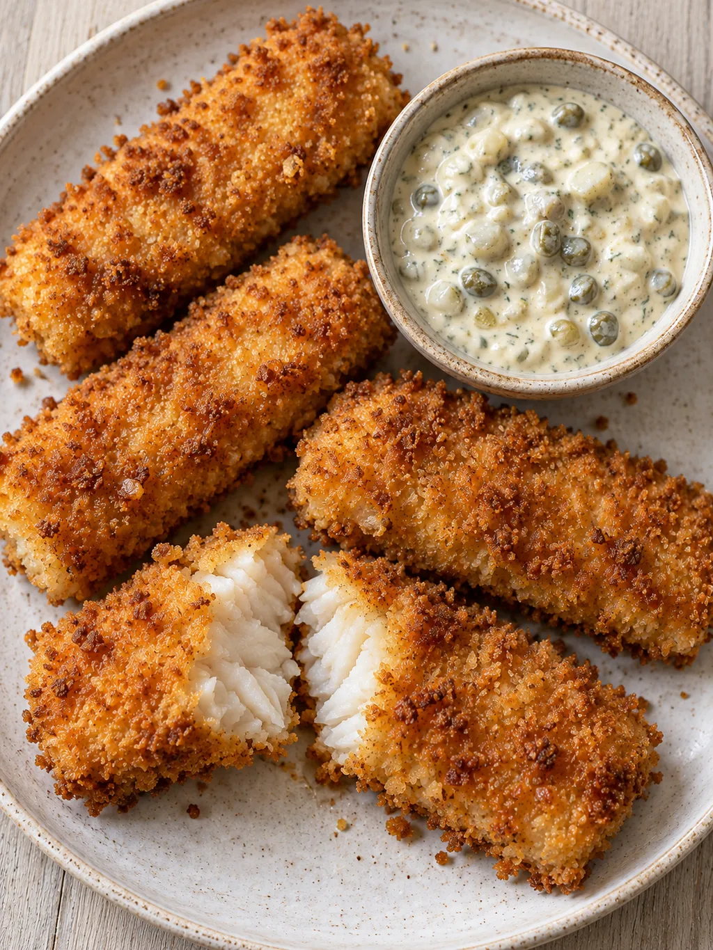 Frasiga torskpinnar med vit flagnande fisk och krämig remouladsås