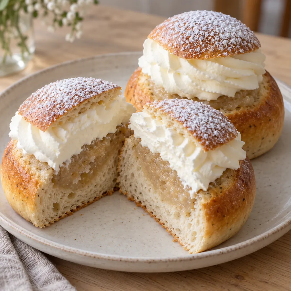Hemgjorda semlor med mandelfyllning, spritsad grädde och florsockrade lock