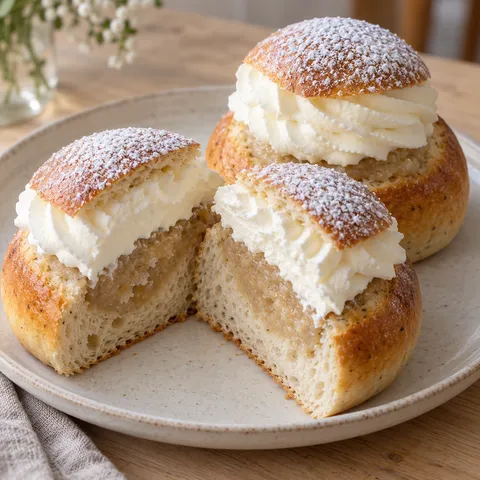 Hemgjorda semlor med mandelfyllning, spritsad grädde och florsockrade lock