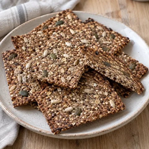 Tunt rågknäckebröd med solroskärnor, sesamfrön och pumpakärnor på ett ljust fat