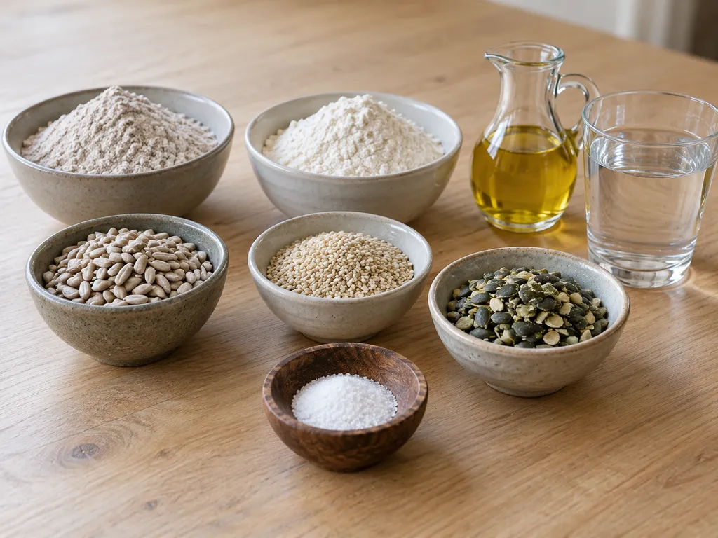 Rågmjöl, vetemjöl, tre sorters frön, salt, rapsolja och vatten i separata kärl