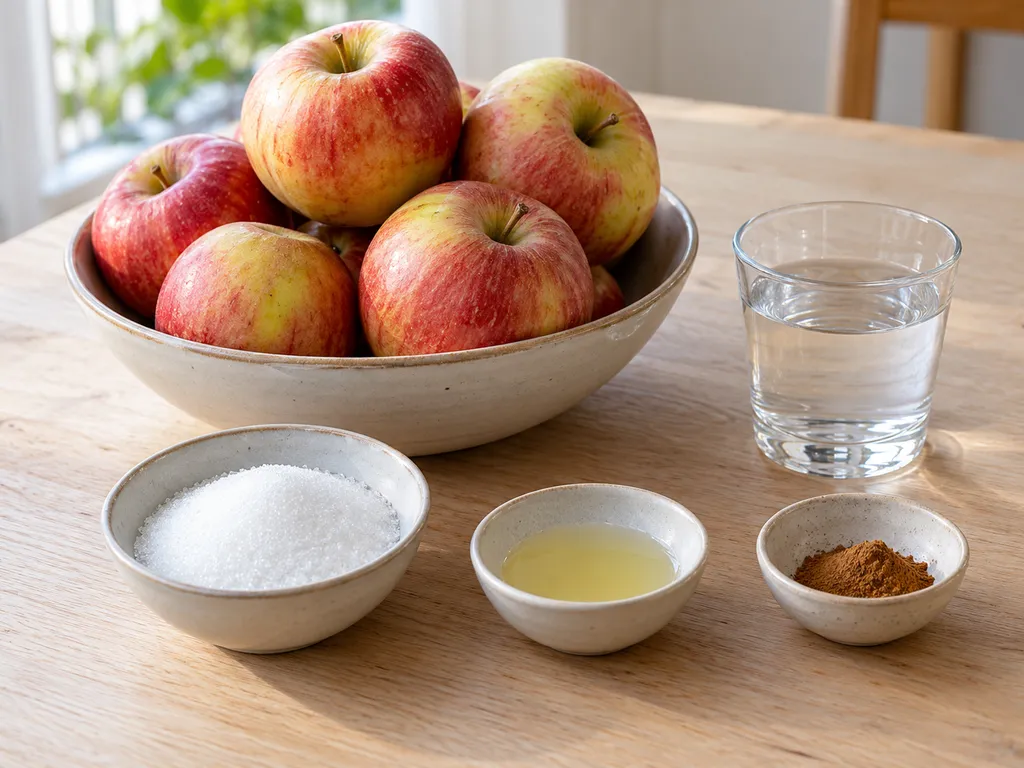 Äpplen, vatten, socker, citronjuice och kanel till hemkokt äppelmos