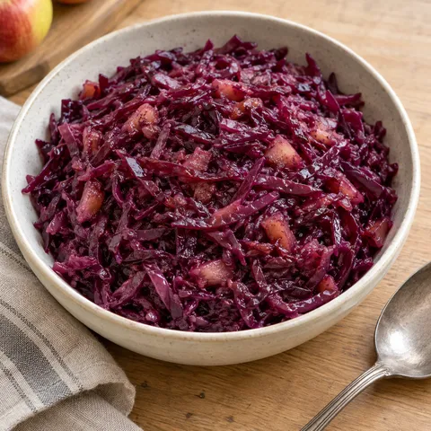 Hemkokt julrödkål med äpple i en ljus keramikskål