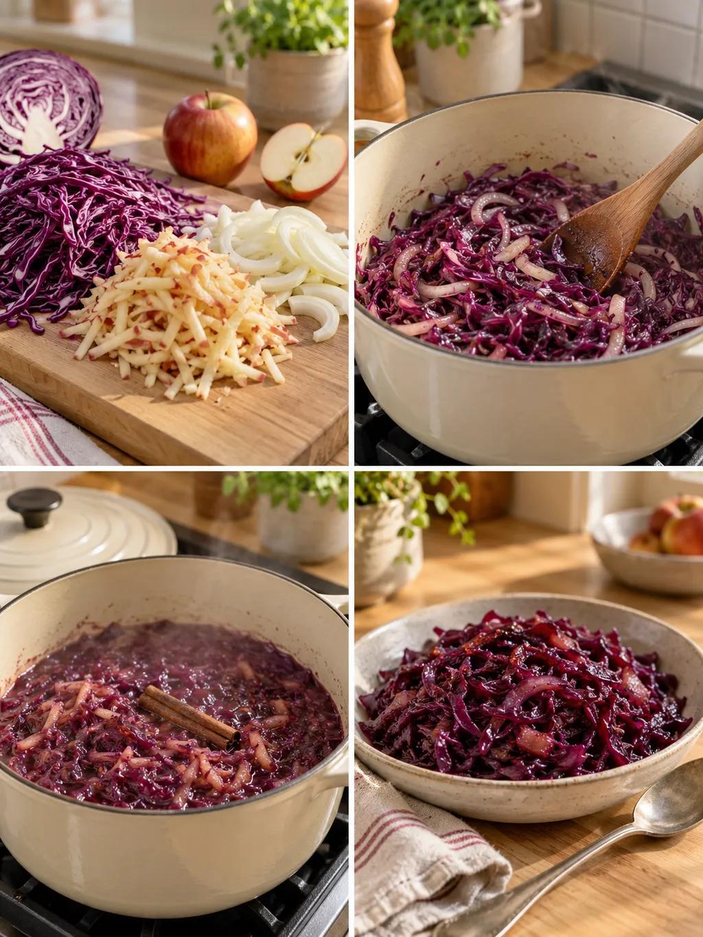 Rödkål förbereds, fräses och sjuds före servering med inkokt äpple