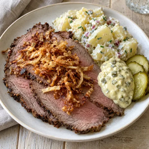 Tunt skivad rostbiff med remouladsås, potatissallad, saltgurka och rostad lök