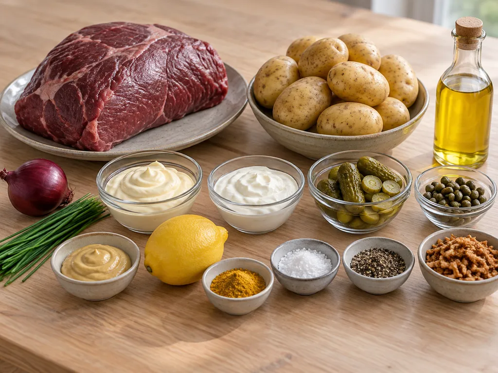 Rostbiff, potatis, majonnäs, crème fraiche, gurka och kryddor till hela måltiden