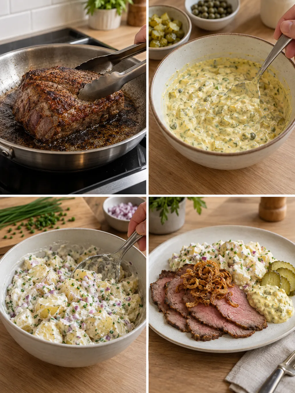 Rostbiffen bryns, remouladen blandas och potatissalladen vänds ihop före servering