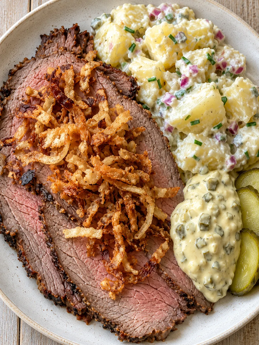 Rostbiff med rostad lök, krämig potatissallad och gul remouladsås