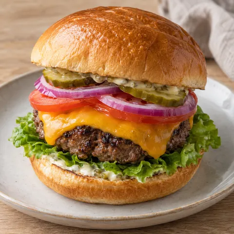 Hemmagjord hamburgare med cheddar, sallad, tomat, rödlök och saltgurka