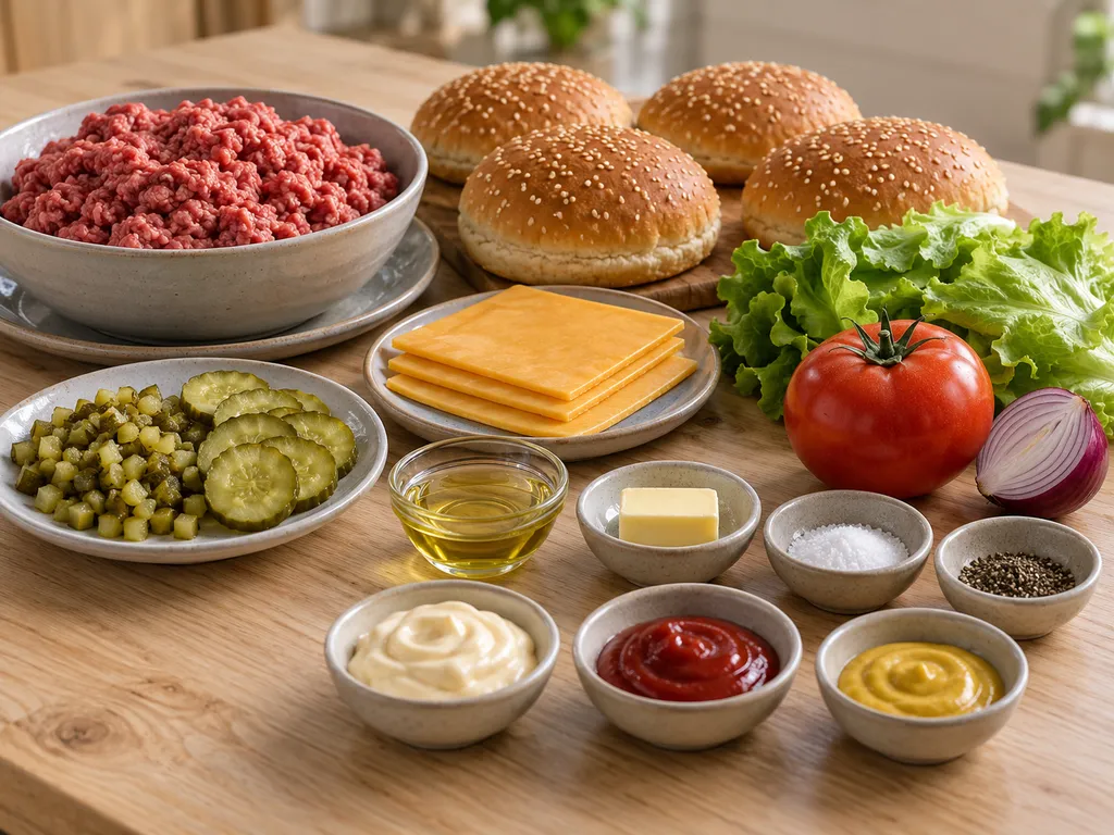 Nötfärs, fyra bröd, cheddar, grönsaker och råvaror till gurkdressing