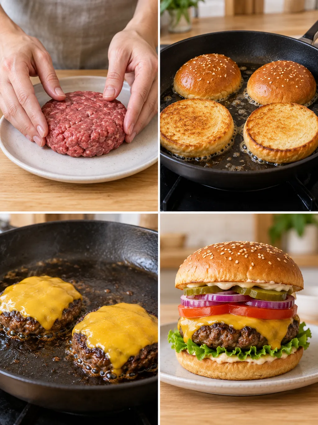 Formning av biffar, rostning av bröd, stekning med ost och en färdig hamburgare