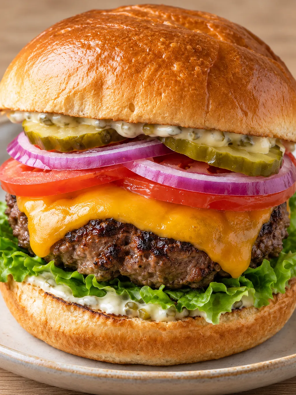 Hamburgare med brynt nötfärsbiff, smält cheddar och tunna grönsaksskivor