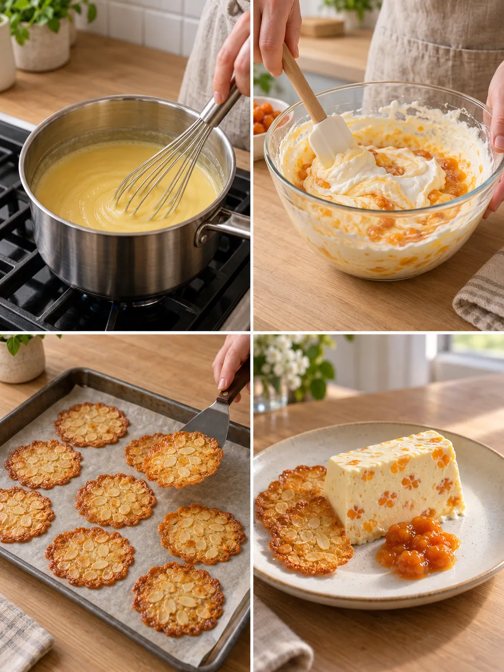 Äggbas, hopvänd parfaitsmet, gräddade mandelflarn och färdig hjortronparfait