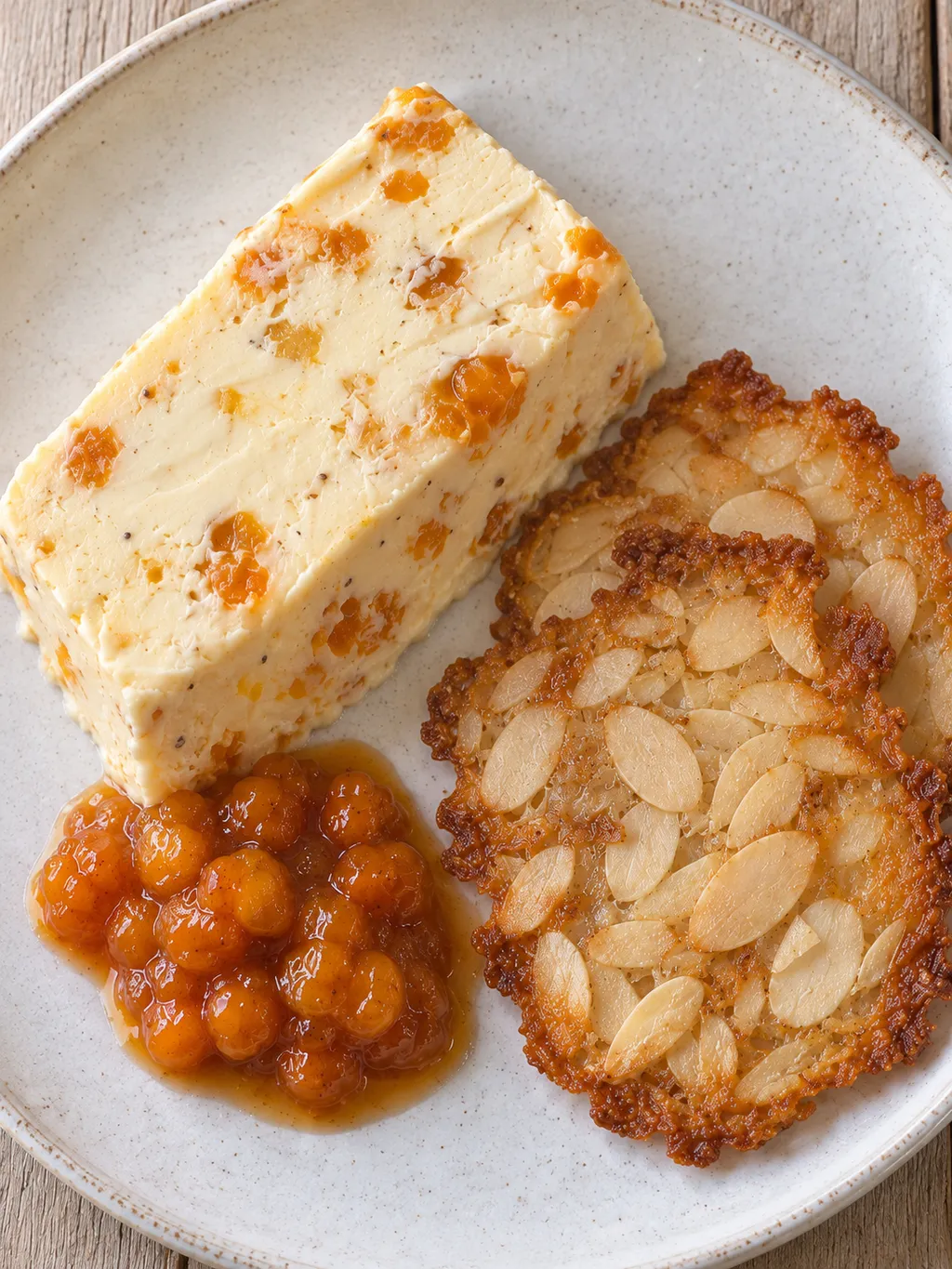 Hjortronparfait med spröda mandelflarn och orange hjortronsylt