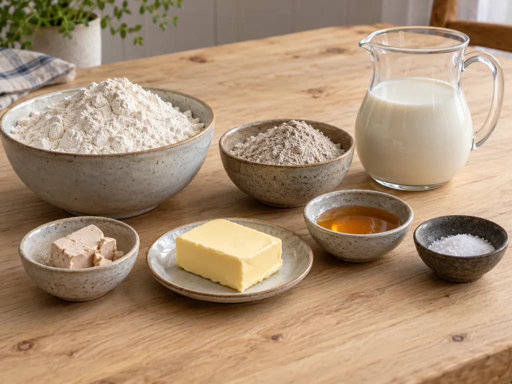 Vetemjöl, rågmjöl, mjölk, jäst, smör, sirap och salt till hönökaka