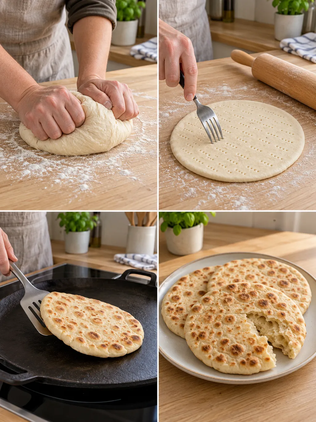Knådning, naggning och gräddning av hönökaka samt färdiga brödkakor på fat