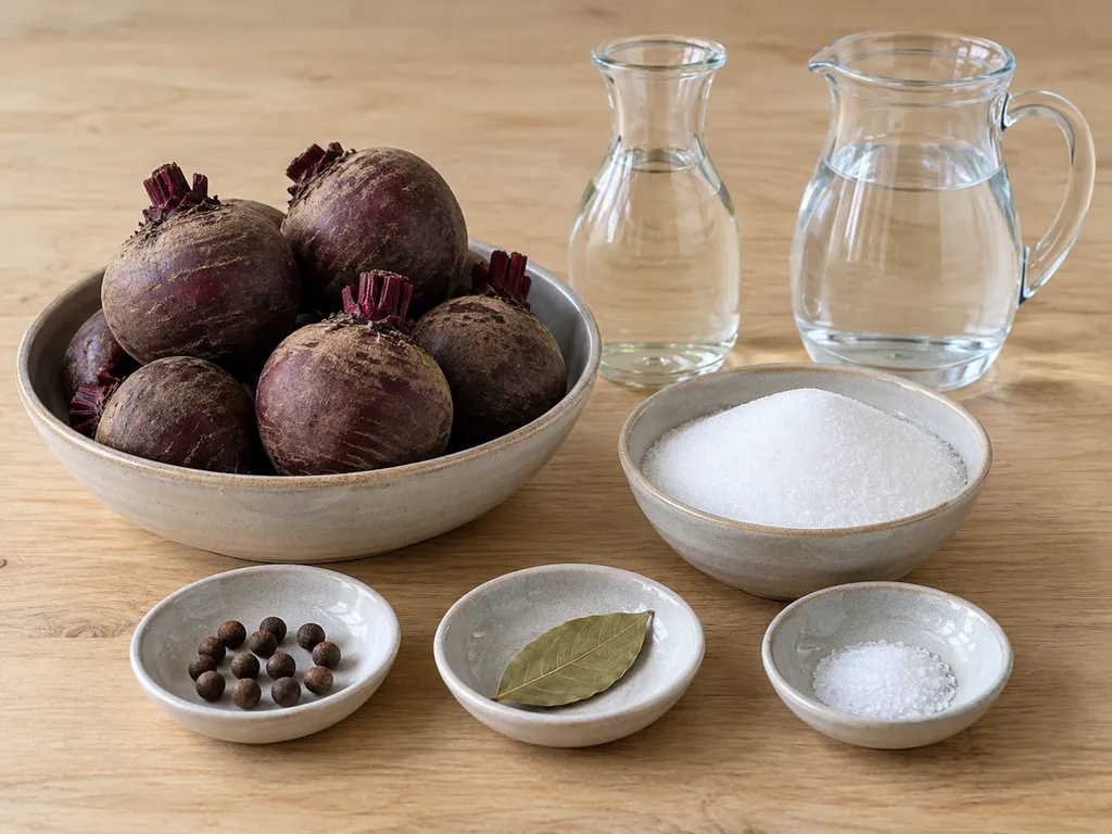 Rödbetor, ättiksprit, vatten, socker, kryddpeppar, lagerblad och salt
