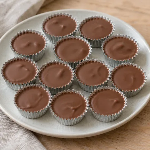 Ischoklad med mjölkchoklad i små silverfärgade formar på ett ljust fat