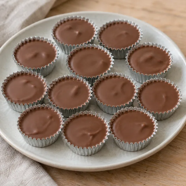 Ischoklad med mjölkchoklad i små silverfärgade formar på ett ljust fat