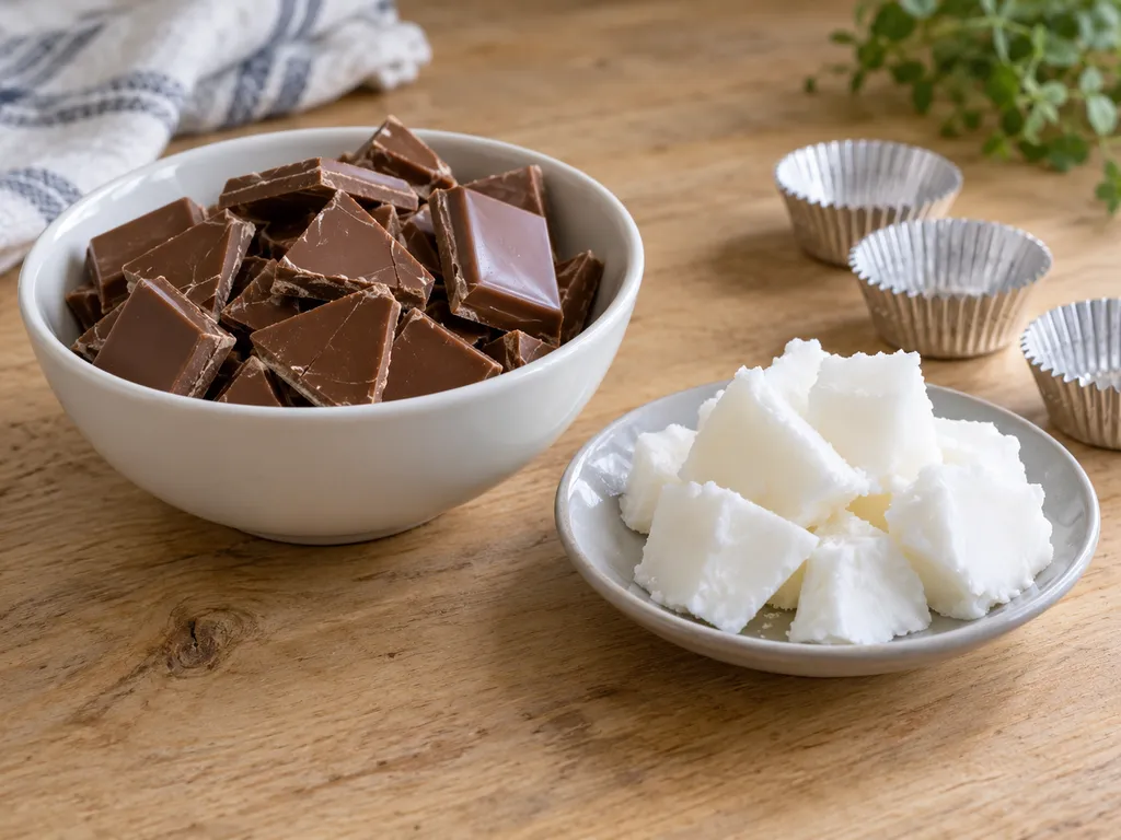 Mjölkchoklad och vitt kokosfett med små tomma godisformar på en träyta