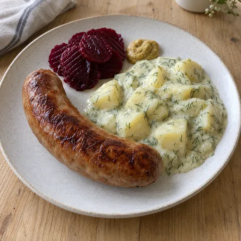 Brynt isterband med dillstuvad potatis, rödbetor och senap på en ljus tallrik