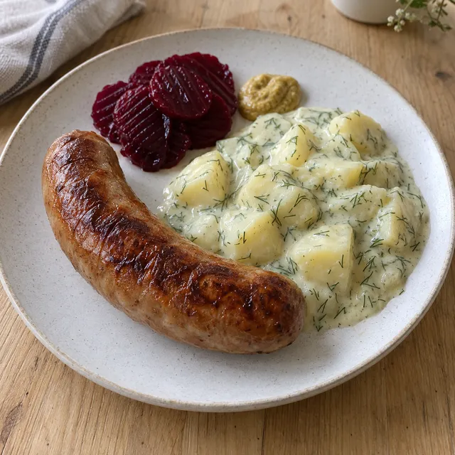Brynt isterband med dillstuvad potatis, rödbetor och senap på en ljus tallrik