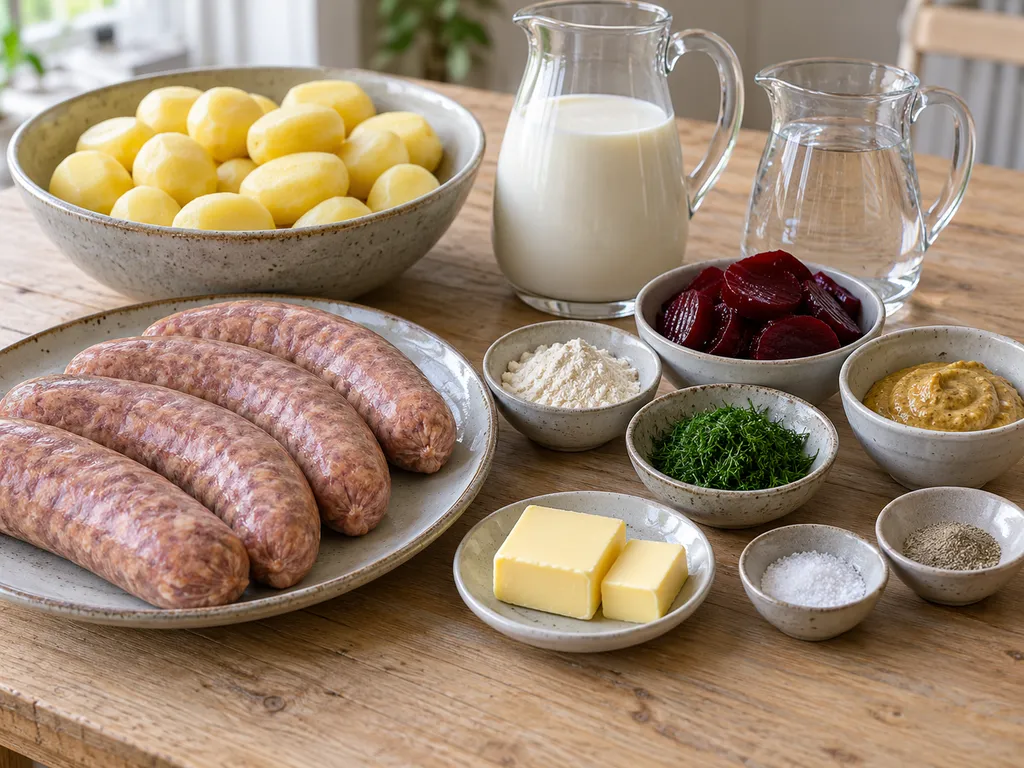 Isterband, potatis, smör, mjölk, mjöl, dill, kryddor, rödbetor och senap