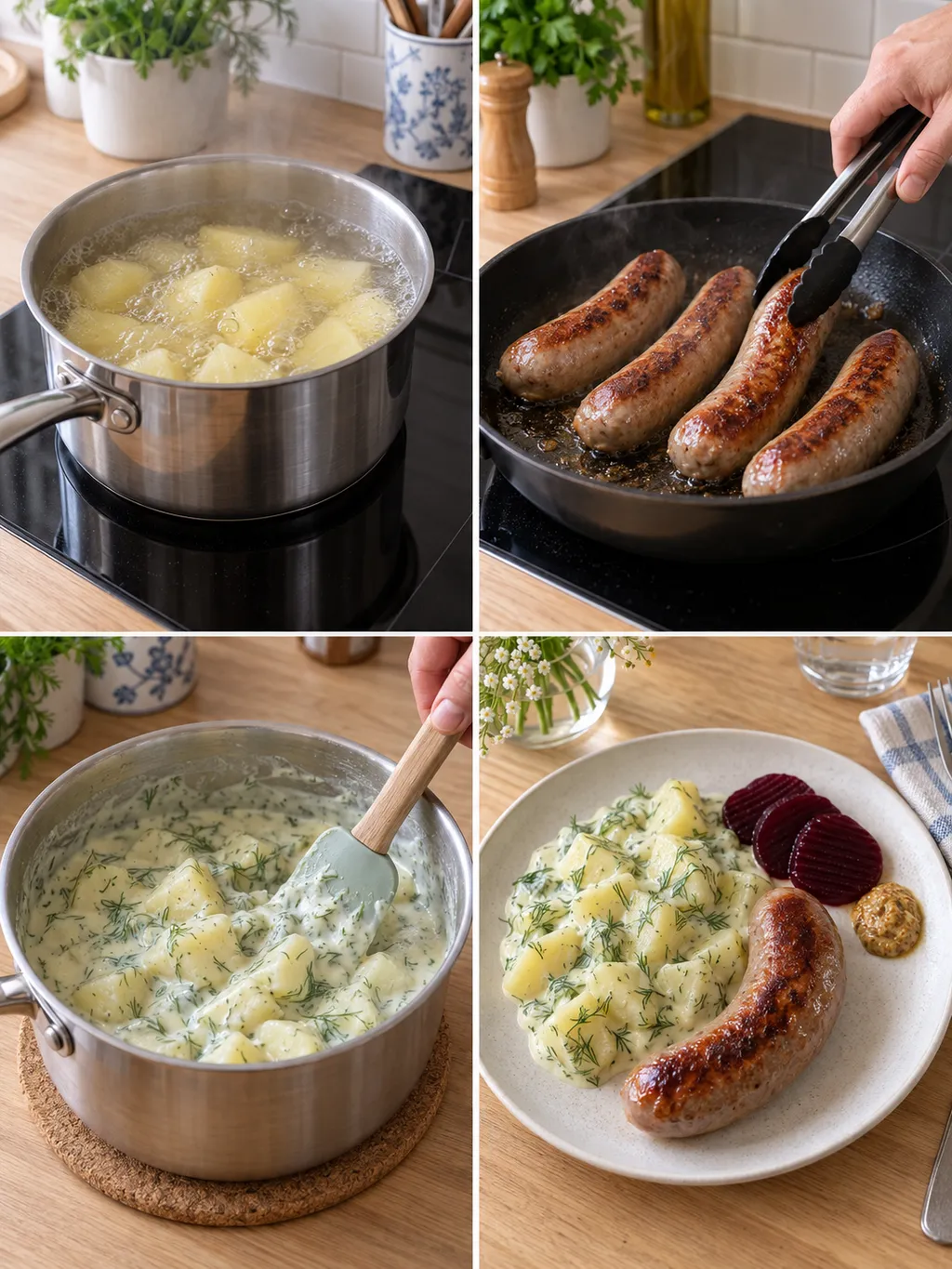 Potatis kokas, isterband steks och dillstuvningen blandas före servering