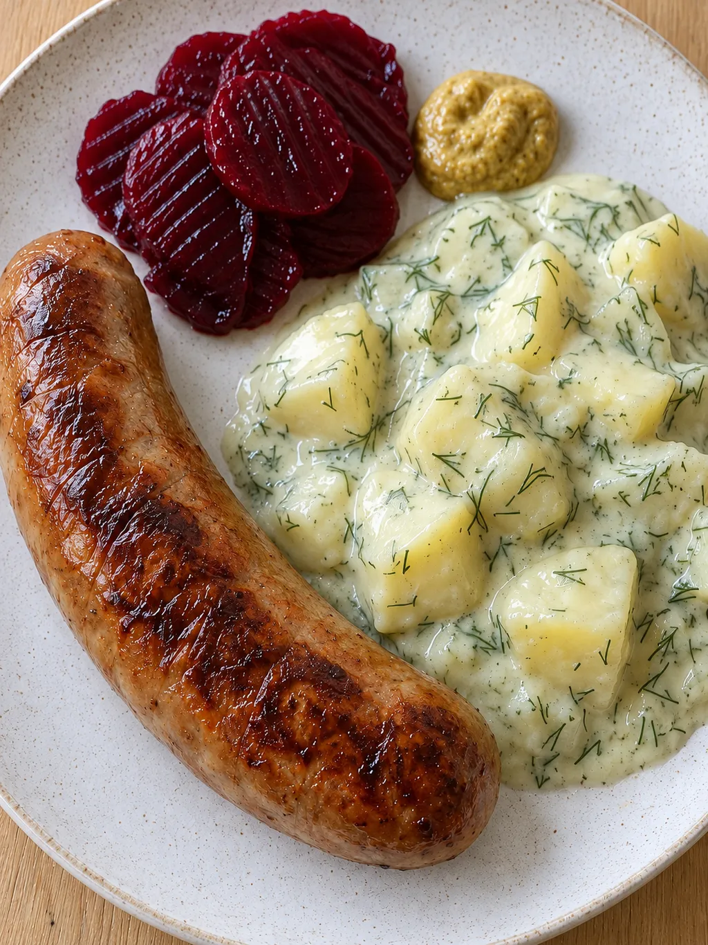 Isterband och krämig dillstuvad potatis med rödbetor och senap