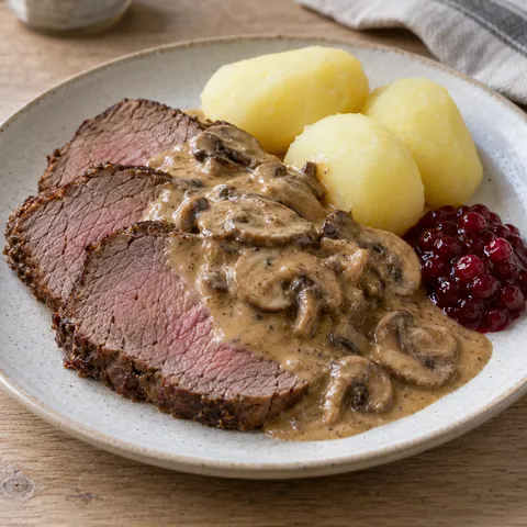 Älgstek med gräddig champinjonsås, kokt potatis och lingonsylt