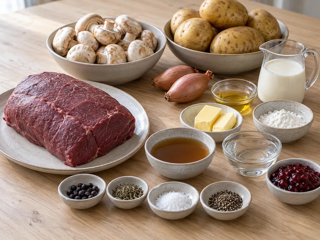 Älgrostbiff, champinjoner, potatis, grädde, enbär och övriga råvaror