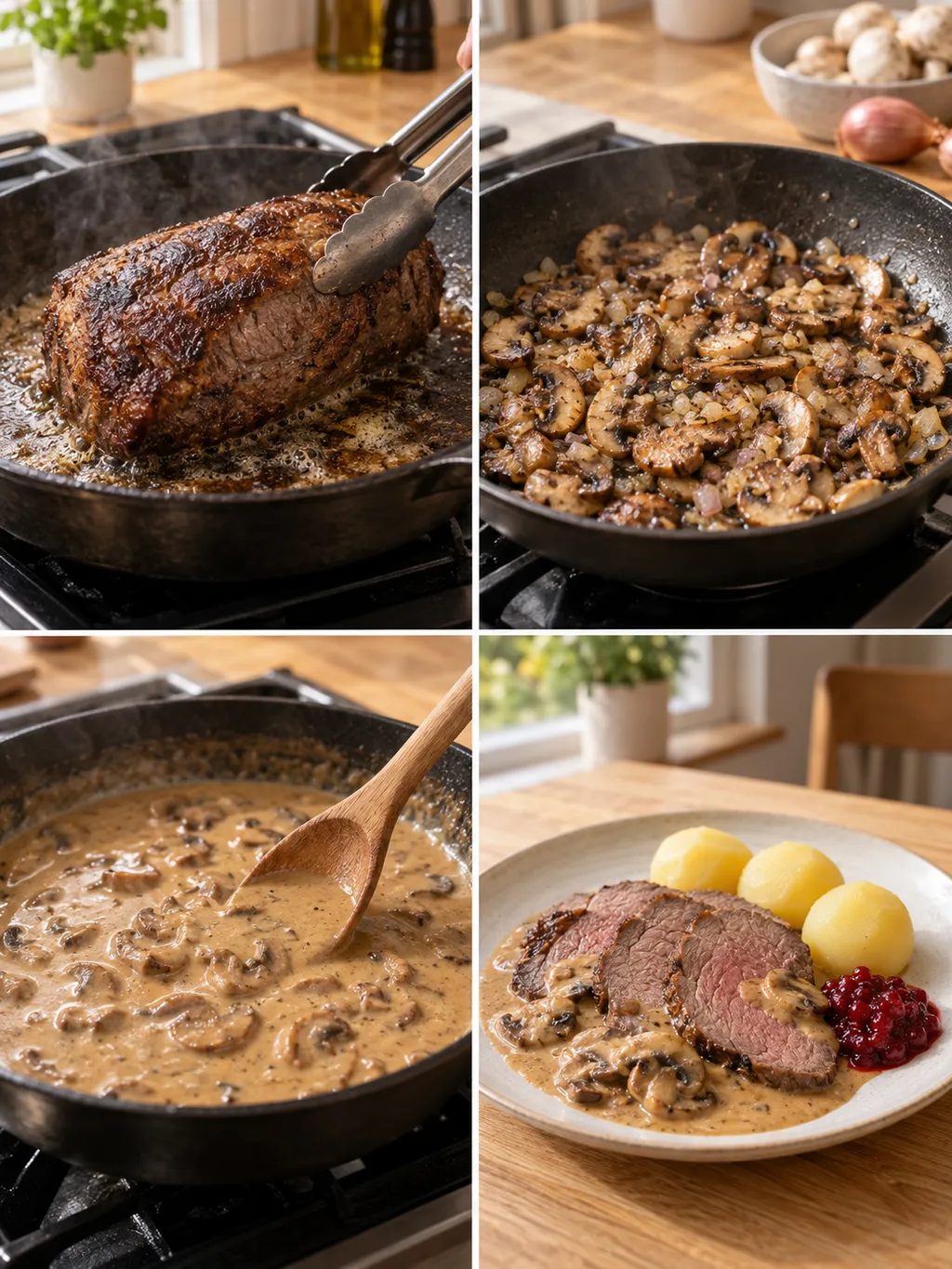 Bryning av älgstek, stekt svamp, gräddsås och färdig middag med potatis