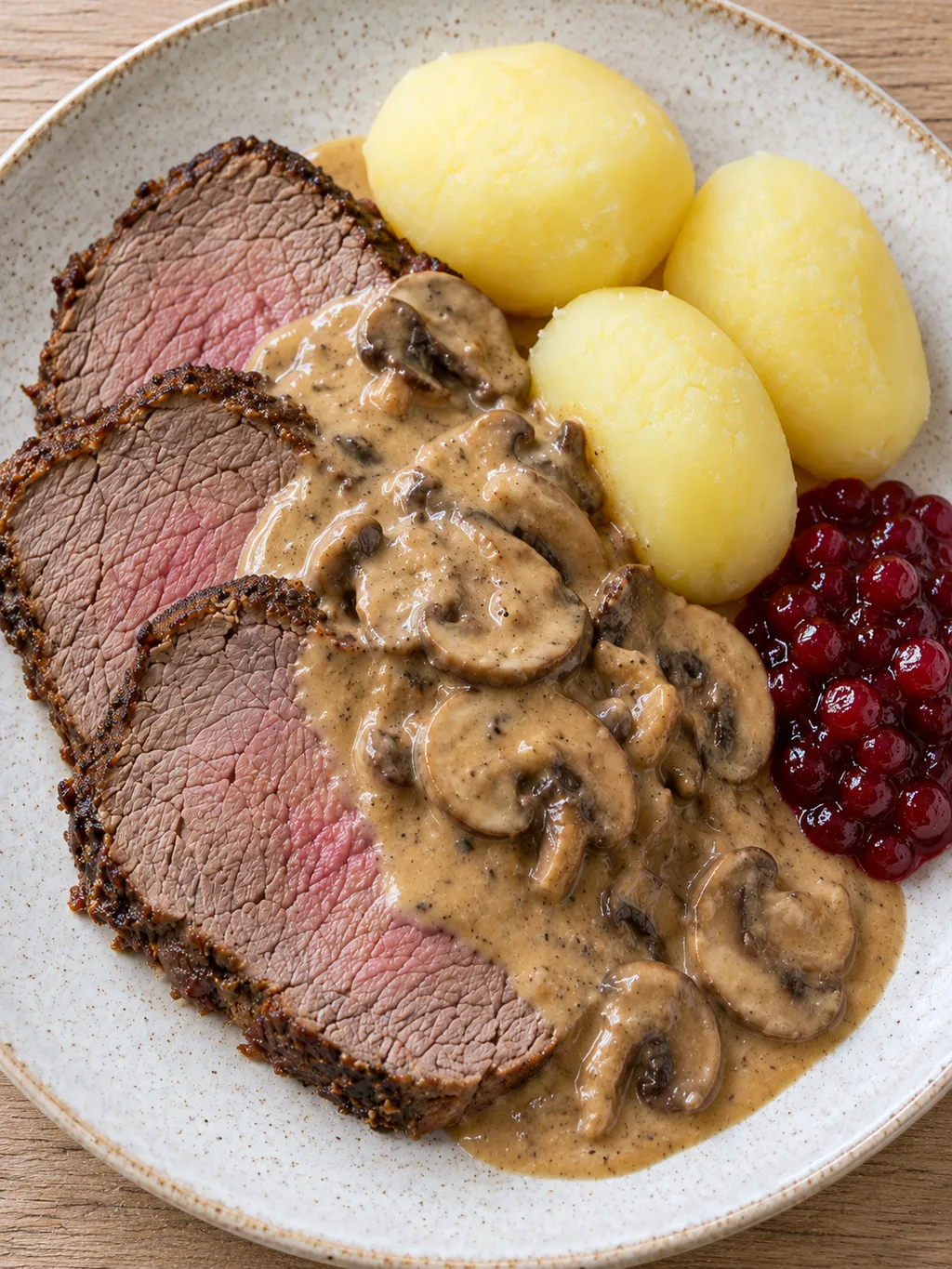 Tunna skivor älgstek med svampsås, kokt potatis och röda lingon