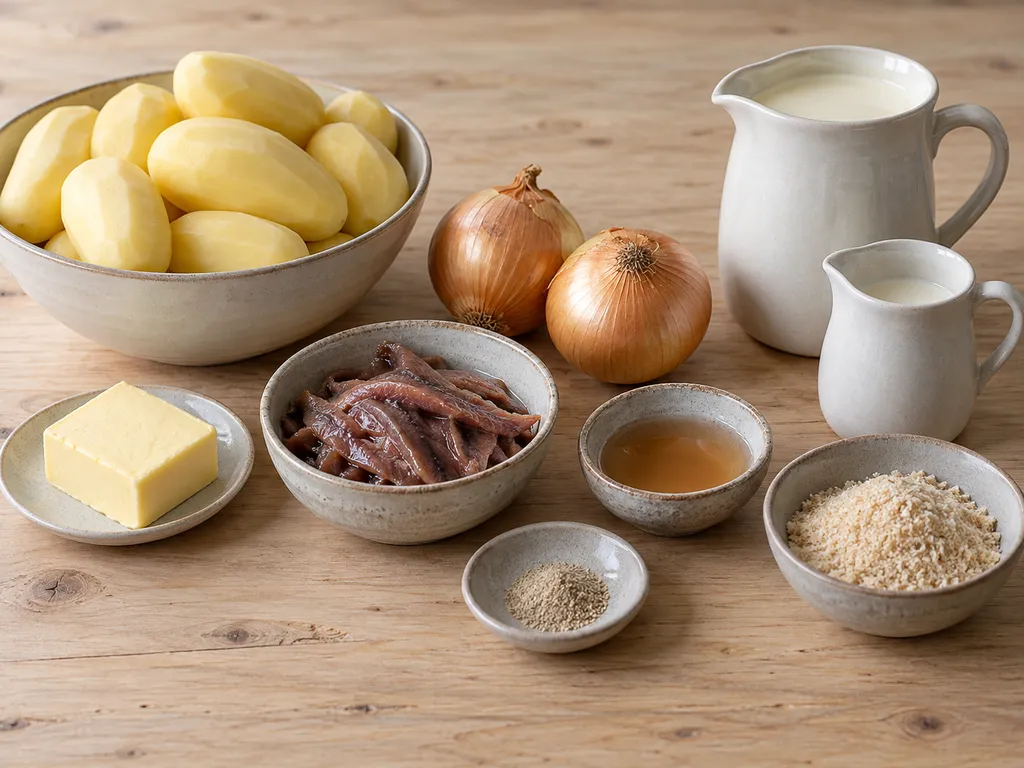 Potatis, lök, ansjovis, grädde, mjölk, smör, spad, vitpeppar och ströbröd