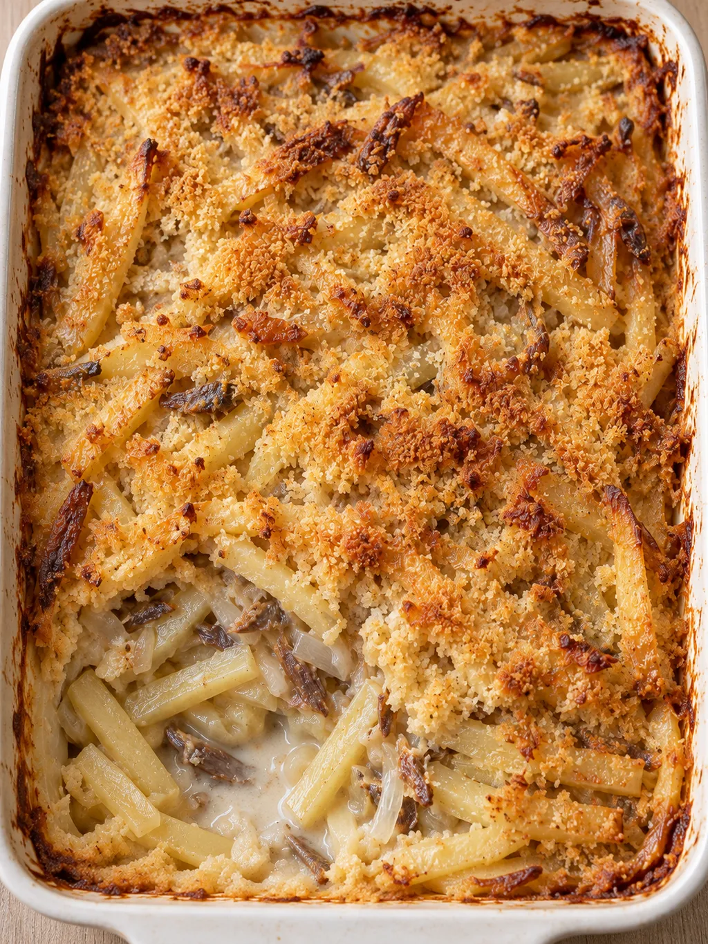 Janssons frestelse med frasig yta och krämig potatis i en ljus ugnsform
