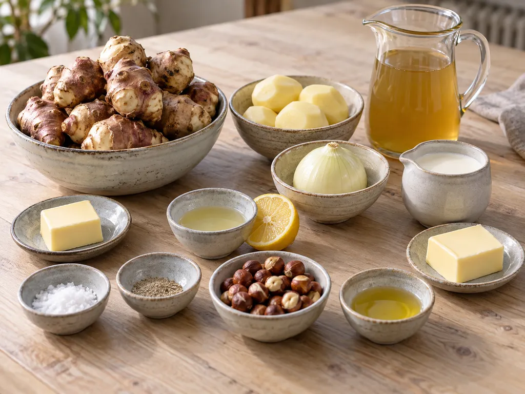 Jordärtskockor, potatis, lök, grädde, smör och hasselnötter till soppan