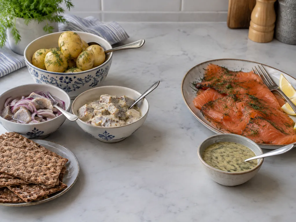 Sillskålar med potatis och bröd står åtskilda från ett laxfat med sås.