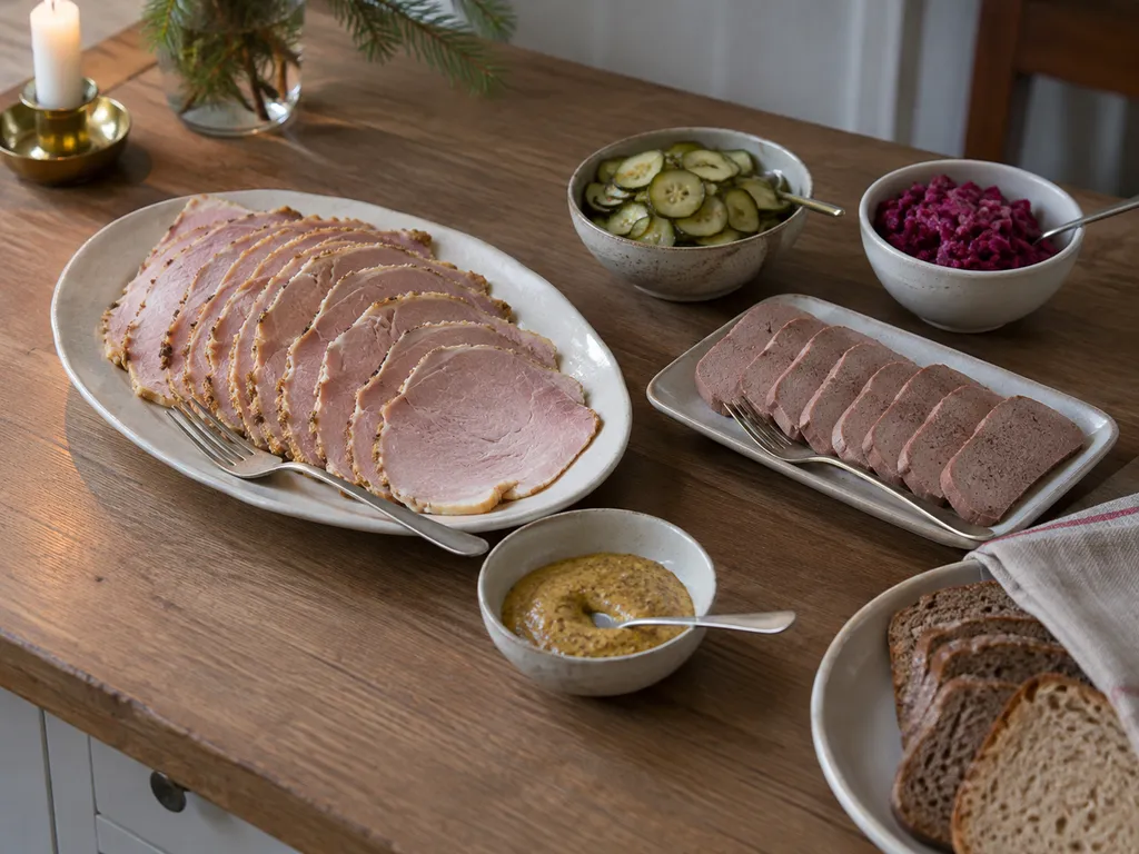 Skivad julskinka och pastej med senap, gurka, rödbetssallad och bröd intill.