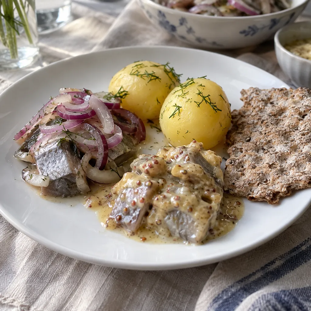 En vit tallrik med löksill, senapssill, kokt potatis och en bit knäckebröd.