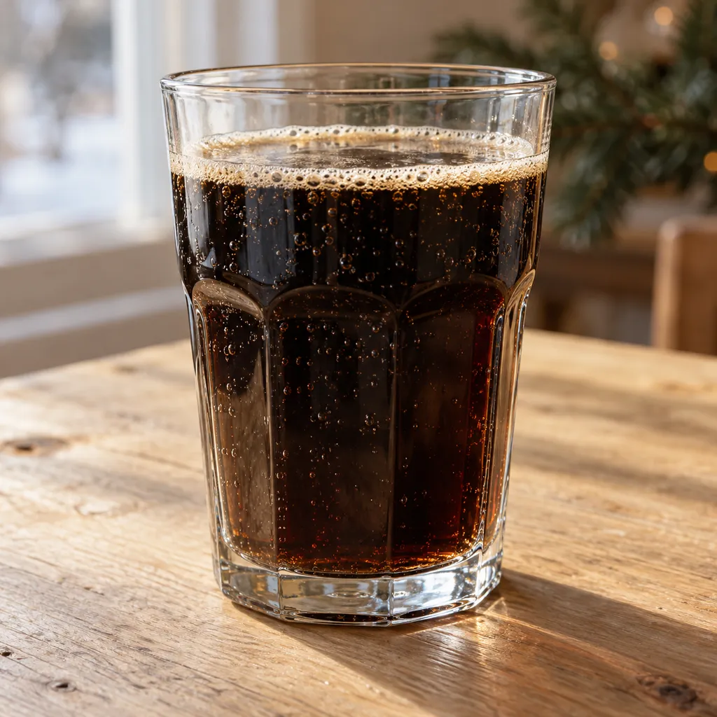 Ett glas mörkbrun julmust med små bubblor på ett ljust träbord.