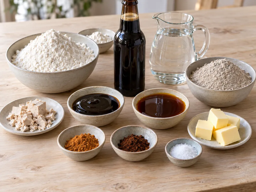 Mjöl, porter, malt, sirap, jäst, smör, pomerans och nejlika till vörtbröd