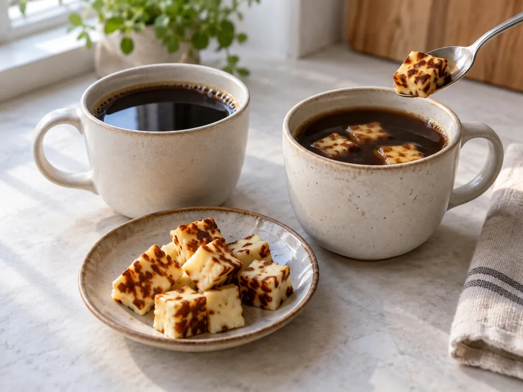 Två kaffekoppar och ett ostfat, med en ostbit på en sked ovanför koppen med kaffeost.