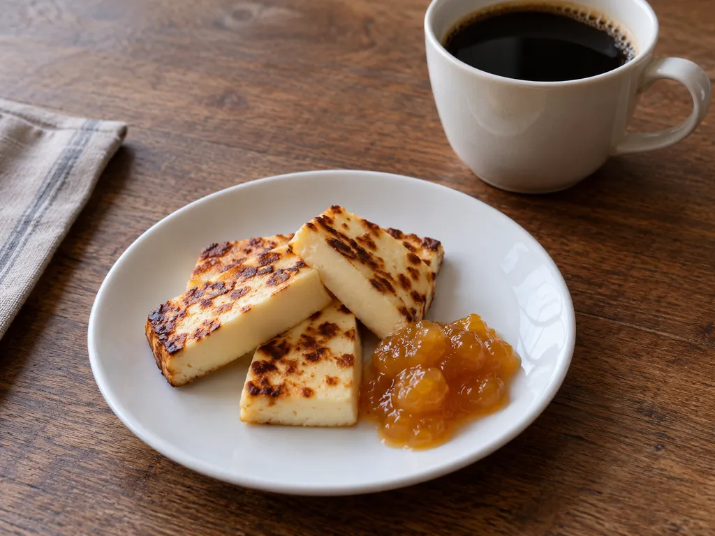 Kaffeost och hjortronsylt på ett vitt fat med en kaffekopp i bakgrunden.